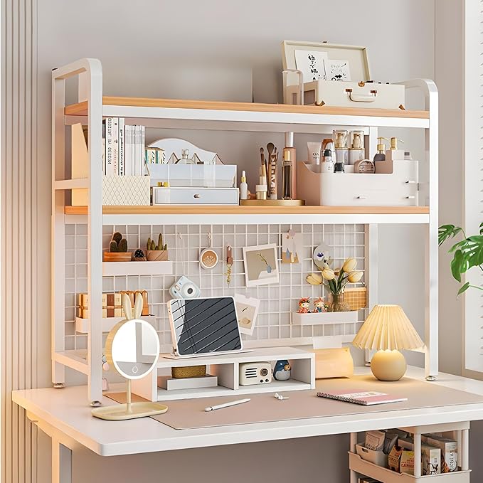 Desk Hutch, 37.4 in Desk Shelf for Top of Desk with Grid Panel, Desk Hutch Top Only, Over Desk Storage for Home, Office and Dorm