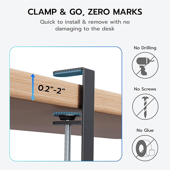 ARES WING 17"-28.7" Extendable Under Desk Cable Management Tray with Cable Slots, Clamp On Cord Organizer Holds Up to 11 lbs, Black Metal Under Desk Storage for Office and Gaming Accessories