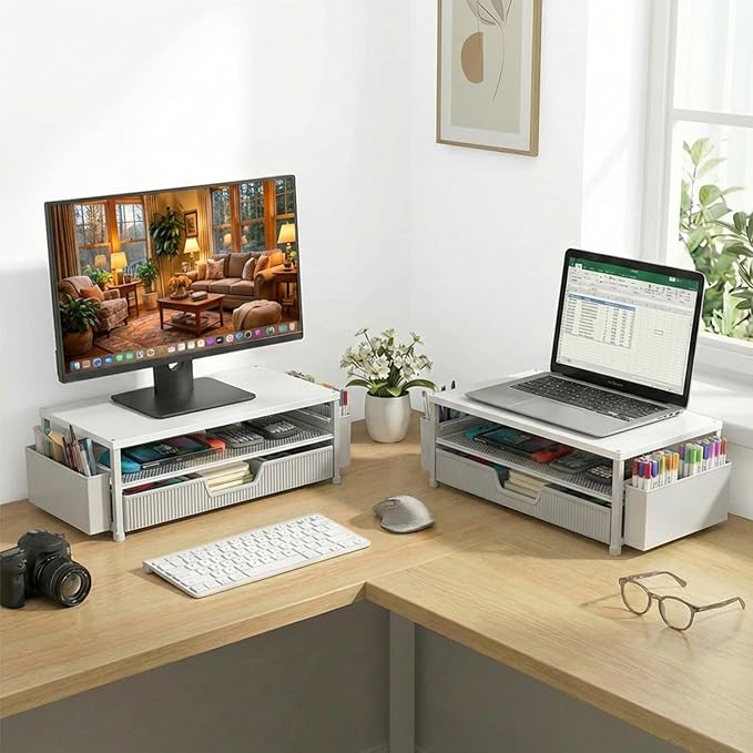 ECOLOVI Desk Organizer and Accessories, 2-Tier Computer Monitor Stand Rise with Storage Drawer & 2 Pen Holders, Laptop & Printer Stand for Desktop, Workspace Organizers for Office Supplies (White)