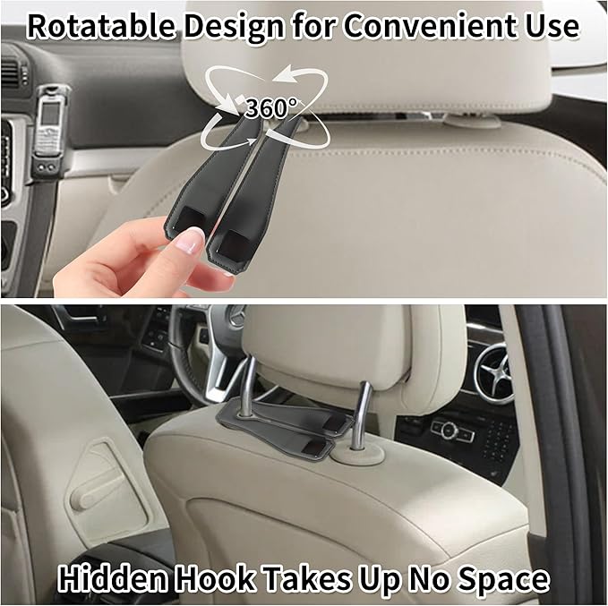 vidonio 2 Pack Double Car Seat Hooks for Headrest, Rotatable Purse Holder for Car, Premium Leather Car Hooks for Purses and Bags, Headrest Hooks and Storage Accessories (Grey)