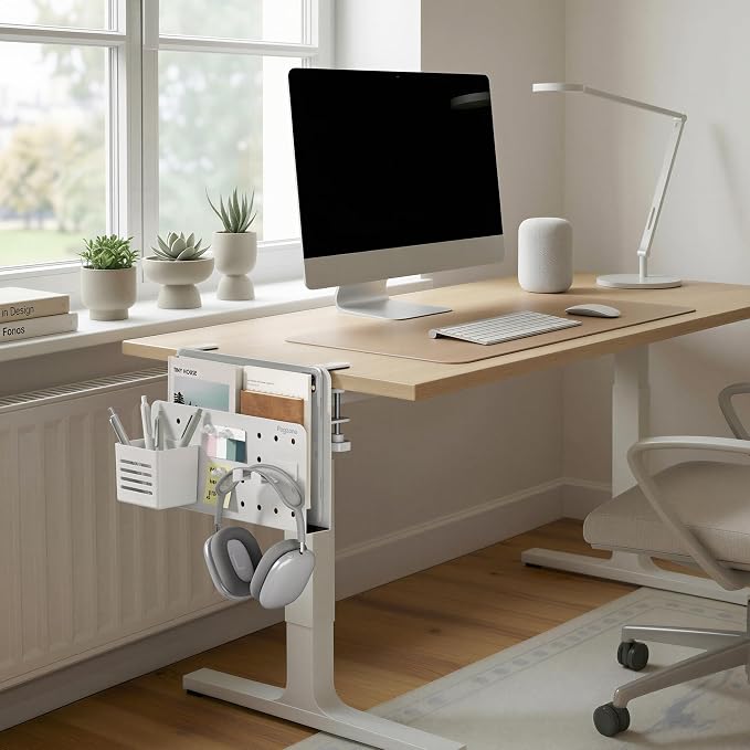 Under Desk Storage Organizer, Laptop Holder Stand with Pegboard Design, Holds 22lbs, Clamp on Desk Organizer, Fits 0.4"-2.2" Desktop Edge, White