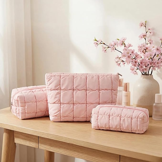 3Pcs Puffer Quilted Makeup Bag Travel Cosmetic Bag Set Portable Puffy Checkered Toiletry Pouch Skincare Organizer Purse Pencil Case (Pink)
