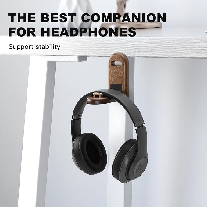 Wood Headphone Stand Wall Mount Holder, Sticky Headset Hook, Under Desk Headphone Hanger,Foldable Desk Headphone Hanger Earphone Clamp for Audio,Studio & Gaming Headphones, moderate