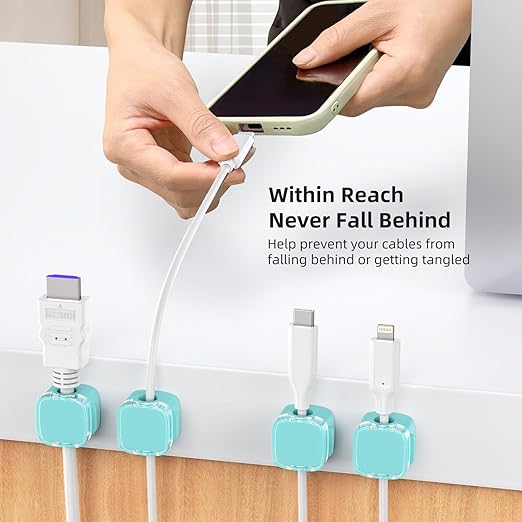 Magnetic Cord Organizer, 6 Pack Magnetic Cable Clips Under Desk Cable Management, Strong Adhesive Wire Holder Keeper for Office Home Kitchen Appliances Bedroom Car Wall Nightstand, Clear Cyan