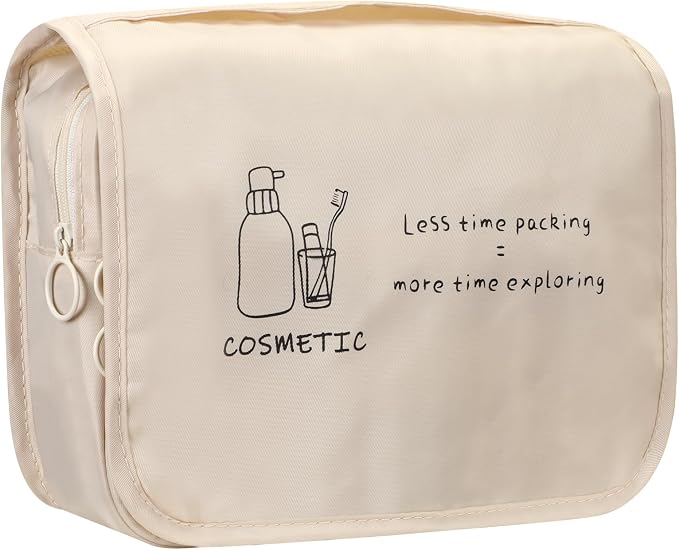 FINPAC Toiletry Bag, Large Capacity Hanging Makeup Bag with Waterproof PVC Compartment, Travel Cosmetic Organizer for Women, Makeup Lovers, Cruise, Gym, and Family Trips, Beige