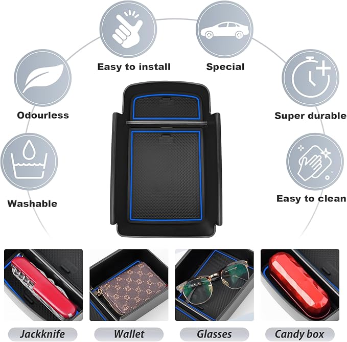 SKTU for 2024 2025 2026 Chevrolet Trax Center Console Organizer 2024-2026 Chevy Trax Insert ABS Materials Tray Armrest Storage Box 2024 2025 2026 Chevy Trax Accessories with Sunglasses Holder (Blue)