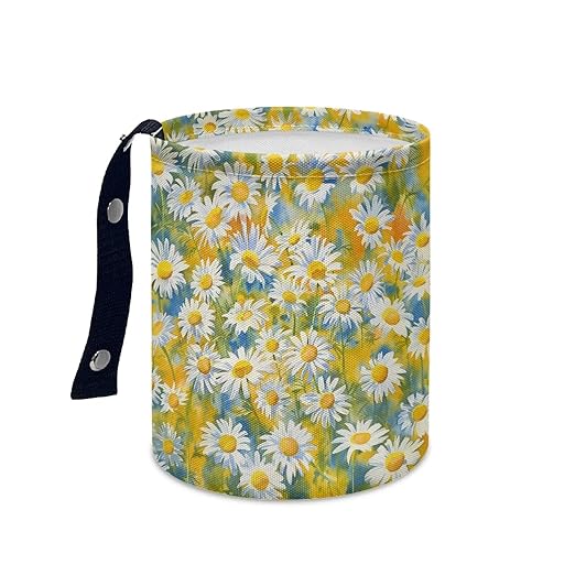 White Daisy Car Garbage Trash Can Foldable Waste Basket Container Bag Bin Portable Cup Holder Organizer with Strap Universal Car Interior Accessories for Fit Most Cars, SUVs, Trucks