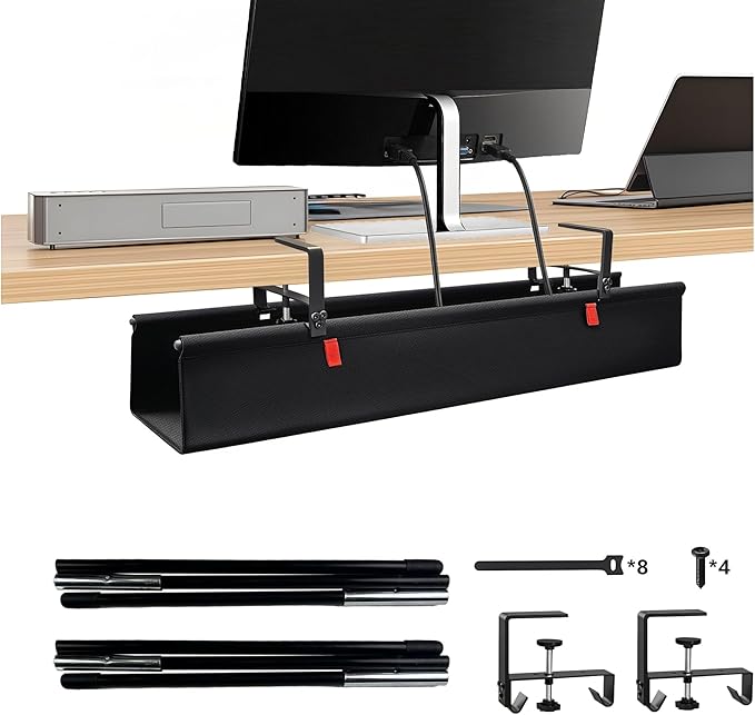 28" No Drill Under Desk Cable Management Tray - Upgraded Oxford Fabric with Cable Loop, No Damage to Table for Standing Desks and Home Office (Regular (28 Inch))