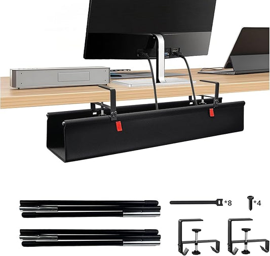 28" No Drill Under Desk Cable Management Tray - Upgraded Oxford Fabric with Cable Loop, No Damage to Table for Standing Desks and Home Office (Regular (28 Inch))