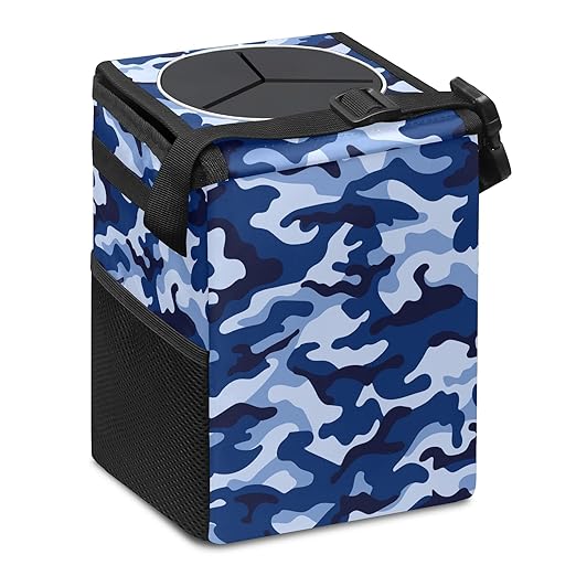 Car Trash Can Blue Geo Camo Camouflage Wate-rproof Auto Garbage Bag Car Trash Can with Lid Leak-Proof Car Storage Bag Hanging for Headrest Collapsible and Portable with Storage Mesh Pocket
