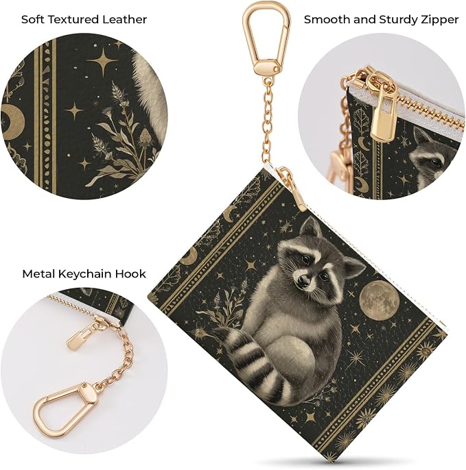 Vintage Raccoon Keychain Coin Purse for Women, Small PU Leather Change Pouch, Zipper Little Tiny Travel Wallet for Girls, Cute Kawaii Zip Pocket Coin Holder with Key Ring