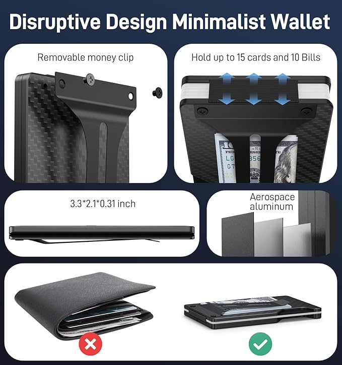 Wallet for Men, Slim Minimalist Wallet Card Holder with Location Tracking, Build in Airtag Chip Compatible with Apple Find My, RFID-Blocking Smart Air Wallet with Money Clip (Black Carbon Fiber)