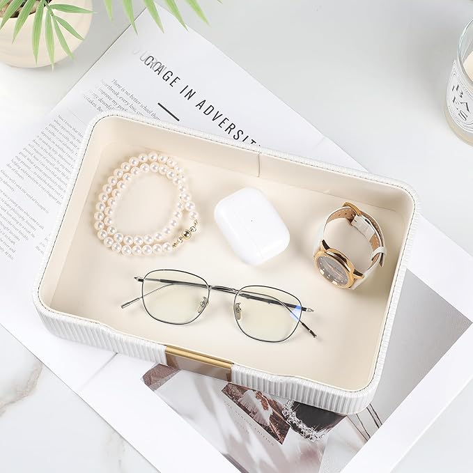 Valet Tray Desktop Storage Organizer, PU Leather Catchall Bedside Vanity Tray with Brass Accents Block Nightstand Organizer for Keys Watch Wallet Phone, Decorative Nightstand Storage (White)