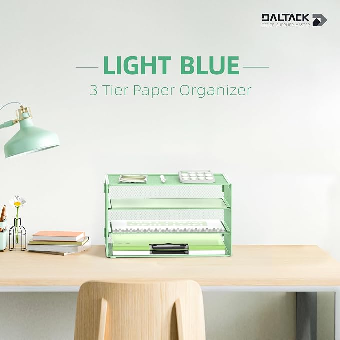 DALTACK 3 Tier Letter Tray Paper Organizer for Desk, Mesh Metal Desk File Organizer with Sliding Trays for Letter/A4 Paper, Mail, Bills & Folders, Mint Green