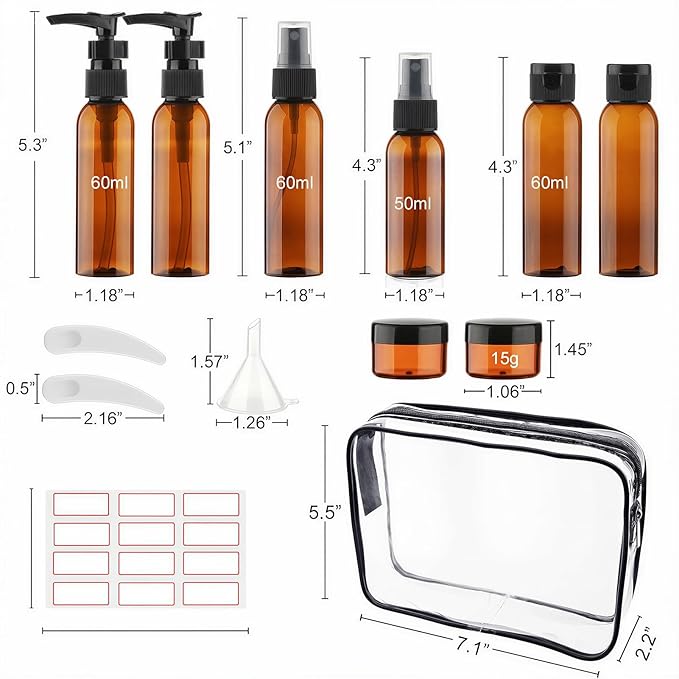 Cosywell Travel Size Bottles for Toiletries 13 2oz Pack TSA Approved Toiletry Bottles Leak Proof Travel Kit for Women Men TSA Clear Toiletry Bag Shampoo Lotion Skincare Cosmetic Container（Brown）