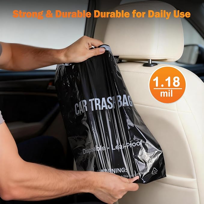 100 Count Recycled Disposable Car Trash Bags - 2.5 Gallon Heavy Duty Alternative to Bulky Car Trash Can & Car Garbage Can, Leakproof Smellproof Hanging & Stick-On Garbage Bag for Car, SUV, Truck