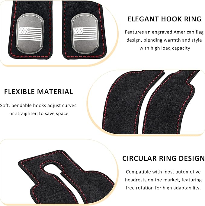 Sun Walker 2 PCS Car Seat Headrest Hooks, Auto Back Seat Purse Hook Bag Organizer with American Flag, Vehicle Double Metal Hooks Storage Hanging Holder for Handbags Coats Phones (Black)