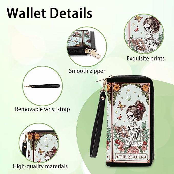 Book Lovers Gift for Womens Wallet - Slim PU Leather Gothic Style Skeleton Reader Wallet for Women with Zipper, Credit Card Holder Wallets, Wristlet Wallets for Female Girls Birthday(Reading Gift)