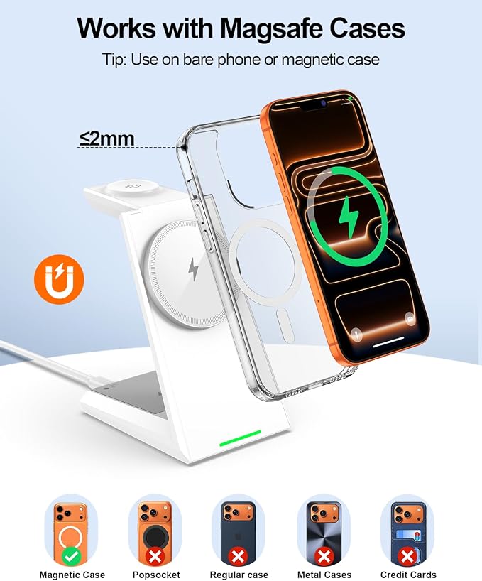 3 in 1 Magnetic Wireless Charging Station - 15W Fast Charging for iPhone 17/16/15/14/13/12, Compatible with MagSafe, for Apple Watch & AirPods, Auto-Dimming Light for Nightstand, Includes 30W Adapter