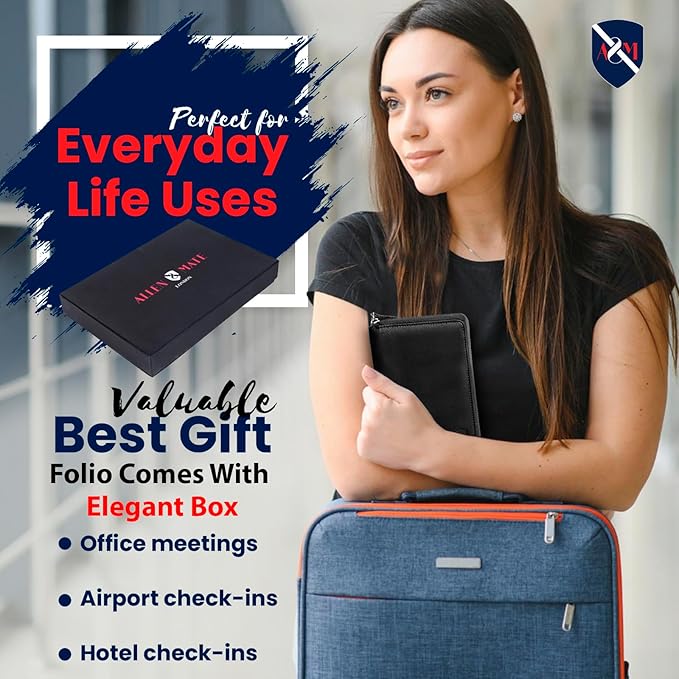 ALLEN & MATE 100% Leather Passport Holder for Travel RFID Blocking Passport Wallet for Men & Women - Zippered Compact Travel Document Organizer Fits Passport, Cash, Cards, SIM, ID and Tickets