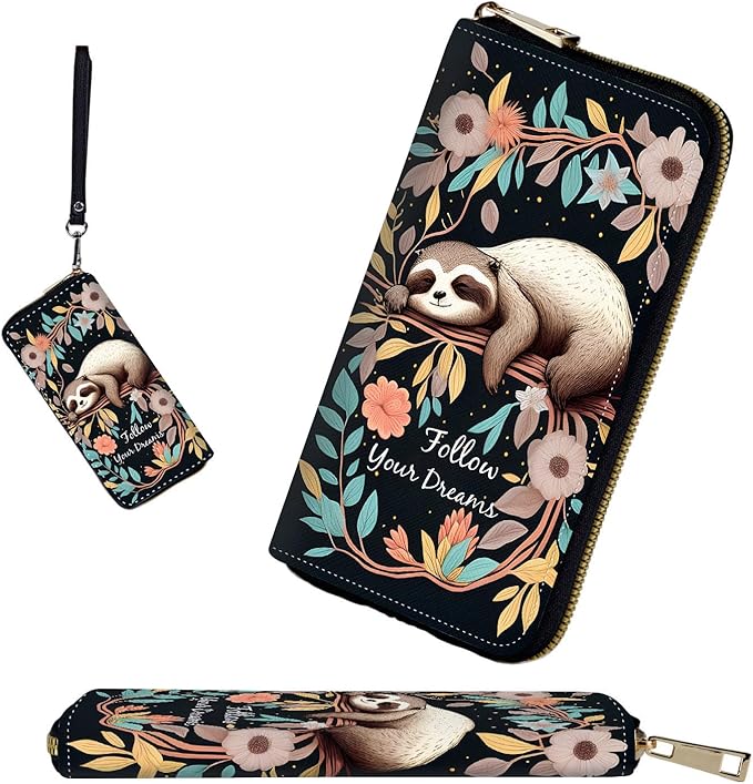 RFID-Blocking Zip Around Wallets for Women with Detachable Wrist Strap,Large Capacity Phone Holder with Card Organizer & Coin Pocket,Cute Baby Sloth On The Tree