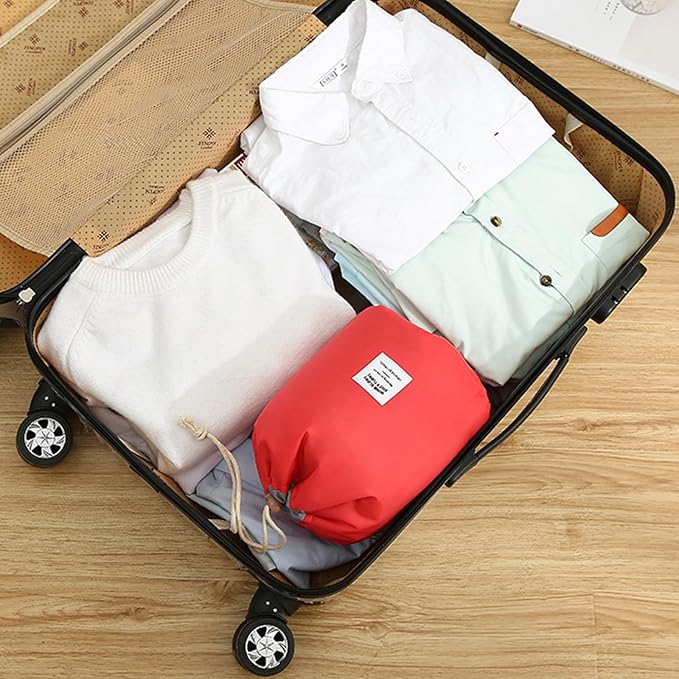 INVODA Drawstring Cosmetic Bag Travel Makeup Bag for Women Toiletry Bag Portable Drawstring Make up Organizer Bag for Travel (Red)