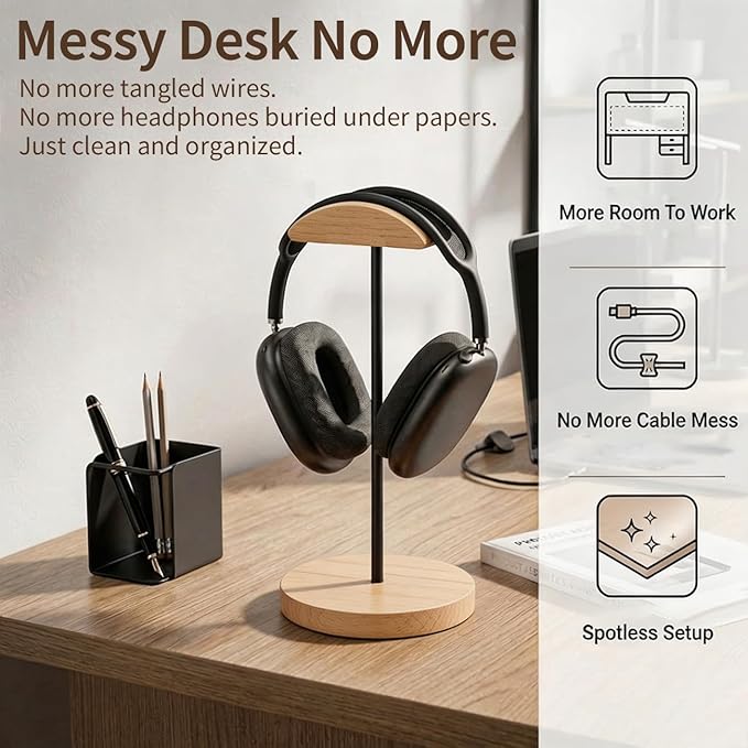Headphone Stand Nature Wood & Metal Headset Hanger Mount Hook Gaming Holder Desktop Earphone Artful Functional Craftmanship Stand for All Headsets with Solid Wooden Base
