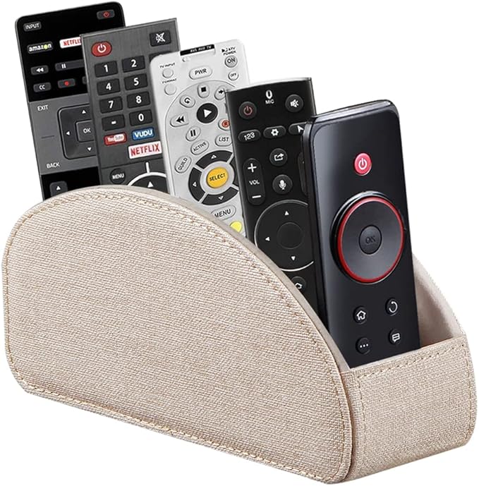 Leather TV Remote Control Holder with 5 Compartments Remote Caddy Desktop Organizer for Storage TV, DVD, Blu-Ray, Media Player, Heater Controllers