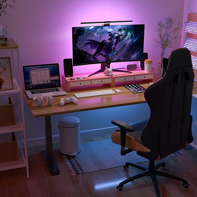 Monitor Stand Riser with Drawer - Pink & White Laptop Stand, Bamboo Desktop Shelf Organizer for Computer, TV, Printer, Office Supplies & Accessories with Phone Holder & Cups Slot, No Assembly Needed