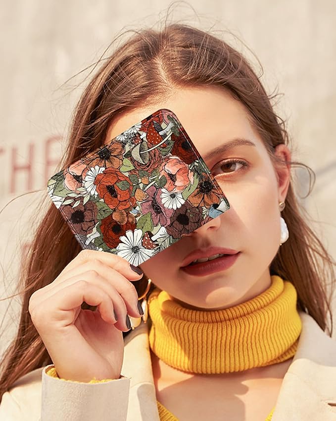 Bistup Credit Card Holder Wallet for Women Cute Leather Ladies Teen Girls Female Cardholder Wallets Accordion Purse Small Medium Aesthetic Print Mushroom Flower Unique Modern Design Rfid Zipper Around