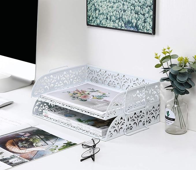 PAG 2 Tier Desktop File Organizer Metal Stackable Letter Tray Paper Holder Rack for Desk, White