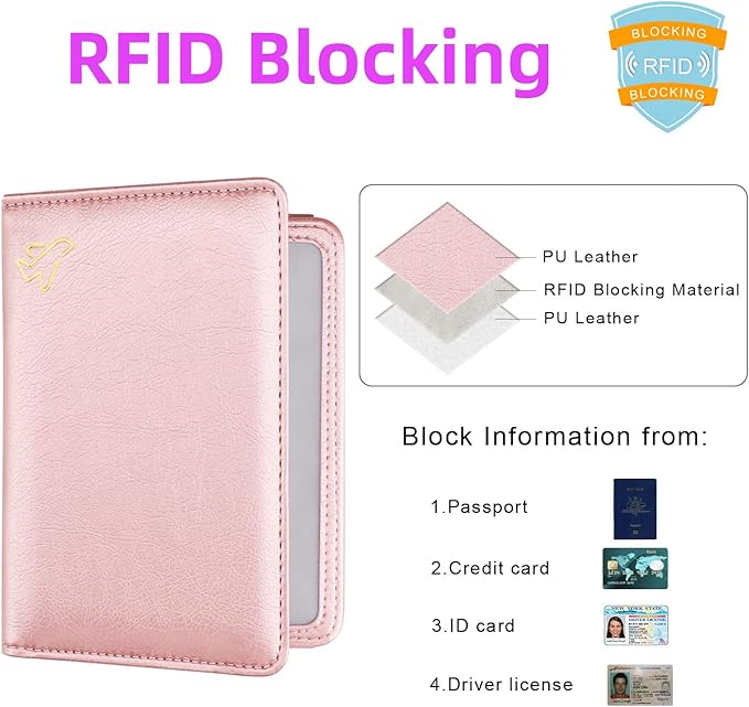 WALNEW AirTag Passport Holder, PU Leather Airtag Wallet RFID Blocking Passport Cover Travel Essentials Case for Women Men (Rosegold)