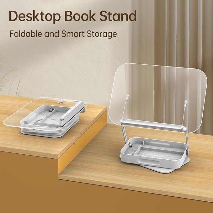Bisofice Desktop Book Stand for Reading with Rotate Base Acylic Panel Page Clips Storage Compartments Foldable and Angle Adjustable for Laptop Holder Book Magazine Document Tablet (White)