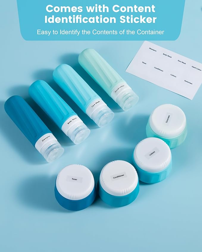 Mrsdry Travel Size Toiletries 8 Pack, TSA Approved 3oz Silicone Squeeze Bottles & Cream Jars with Clear Travel Bag