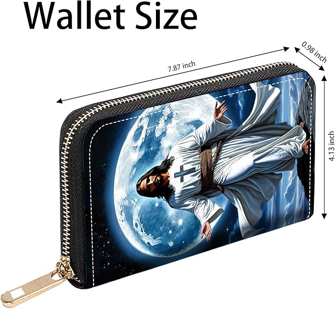 Christian God Jesus Print Women Large Capacity PU Leather Zip Around Wallet, Multifunctional Clutch Purse for Cash/Card/Coin/Smart Phone