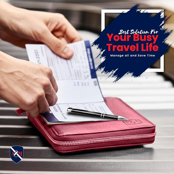 ALLEN & MATE 100% Leather Passport Holder for Travel RFID Blocking Passport Wallet for Men & Women - Zippered Compact Travel Document Organizer Fits Passport, Cash, Cards, SIM, ID and Tickets
