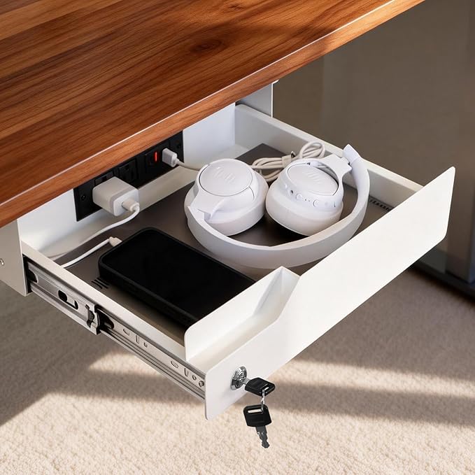 Under Desk Drawer Storage with Lock, Metal Undermount Table Drawer, Ball Bearing Slides Out Tray Organizer for Paper, Pencil, and Laptop,16"x11.8"x3.6", Black With Power Strip