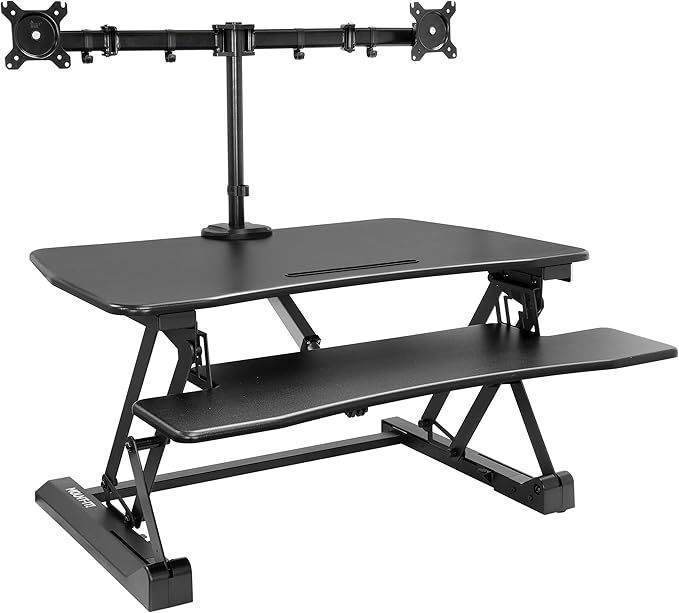 Mount-It! Electric Standing Desk Converter with Dual Monitor Arms for 2 Screens (Max 32"), Large 35.4" Wide Desktop, Motorized Stand Up Desk Riser, Keyboard Tray, USB, Black Stand up Desk Convertor