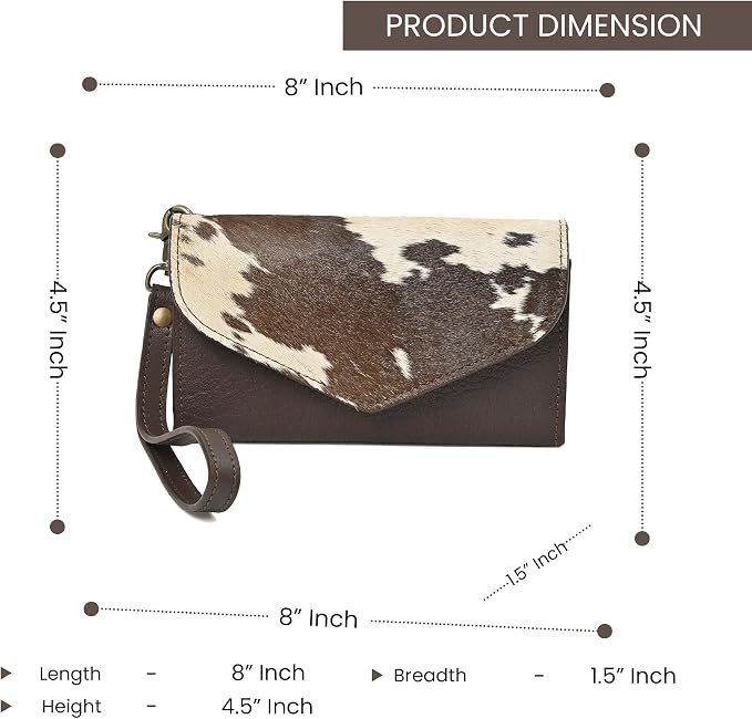 Merbaa Leather Wallet for Women, Wristlet Bifold Card Cash Phone Wallet Ladies Cowhide Hair-On Travel Clutch Purse, Slim Bifold Organizer with Card Slots, Zip Coin Pocket & Magnetic Closure, Brown