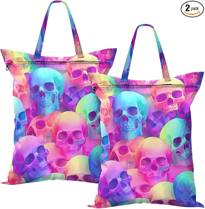Travel Laundry Bags 2 PC Wet Dry Bag with Handle Dirty Clothes Organizer for Swimsuits Beach Camping Waterproof Washable Gradient Multicolored Skulls