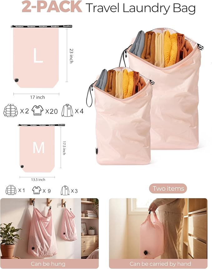 Travel Laundry Bag, Pump-Free Vacuum Compression Dirty Clothes Bag, Reusable Waterproof & Washable Laundry Bag, Wet and Dry Bag, Ideal for Suitcases, Road Trip Essentials (2 Pcs, M+L) Pink