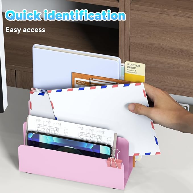 Mail Organizer Countertop, Small Desk File Organizer, Metal File Holder - Essential Workspace Organizers for Office Desk, Home Office (Pink)