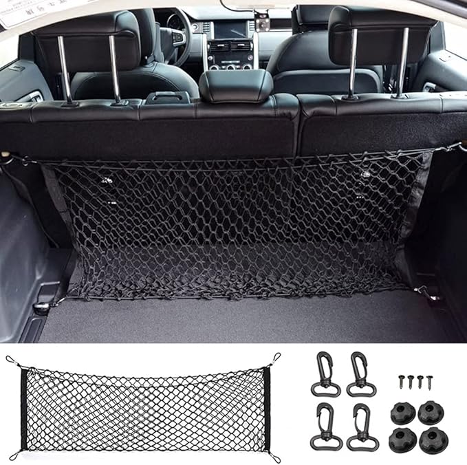 Car Rear Cargo Net, Universal Adjustable Elastic Trunk Cargo Storage Organizer Net, Double-Layer Storage Nylon Mesh Compatible for SUV, Jeep, Truck（43.3 x 15.7in）