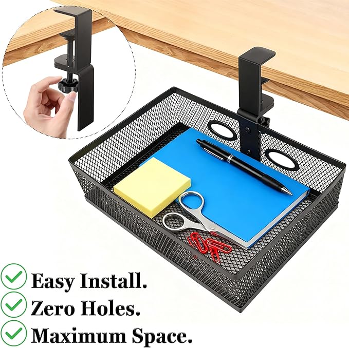 Under Desk Organizer 360° Swivel,under Desk Drawer, Clamp-On No Drill Installation,Sturdy Mesh Storage Drawer for Office,Drawing Room and Kitchen Room,Art Supplies and More(Without Cup Holder)