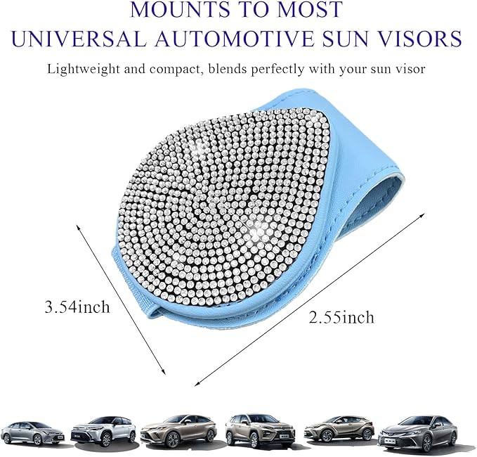 KVAEY Bling Sunglass Holder for Car Visor, Magnetic Leather Visor Clip Glasses Holder with Sparkling Rhinestones, Crystal Visor Ticket Card Clip for Women Girls, Car Accessories (Blue & White)