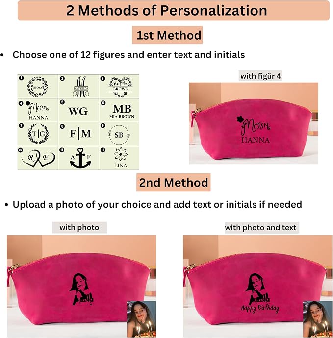 Blade Premium Personalized Genuine Leather Cosmetic Makeup Bag - Wedding Gift for Bridesmaid, Travel Organizer Clutch for Women with Zipper Pouch for Toiletry Essentials (Fuchsia)