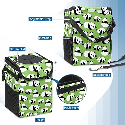 Car Trash Can Panda Collection Wate-rproof Auto Garbage Bag Car Trash Can with Lid Leak-Proof Car Storage Bag Hanging for Headrest Collapsible and Portable with Storage Mesh Pocket