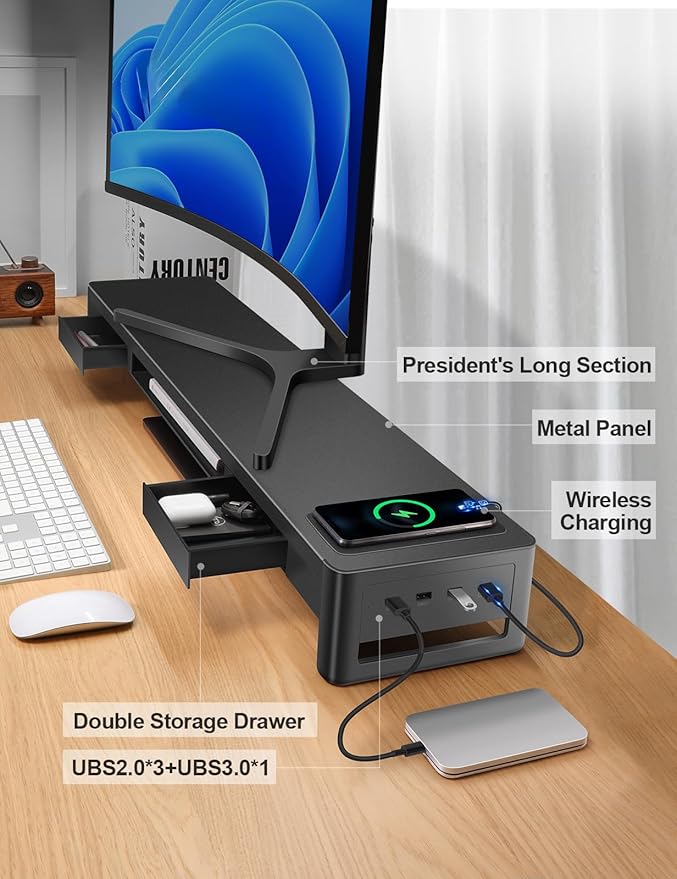 meatanty Dual Monitor Stand Riser with 2 Drawers,4 USB Ports and Charging Pad,Metal Monitor Stand for 2 Monitors Supports Transfer Data and Charging,Desk Organizer for PC,iMac(38.7 inches)