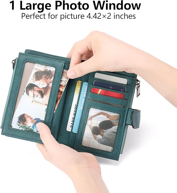 GOIACII Womens Wallets RFID Blocking Leather Trifold Clutch Wallet Credit Card Holder Ladies Purse 3 ID Windows Teal