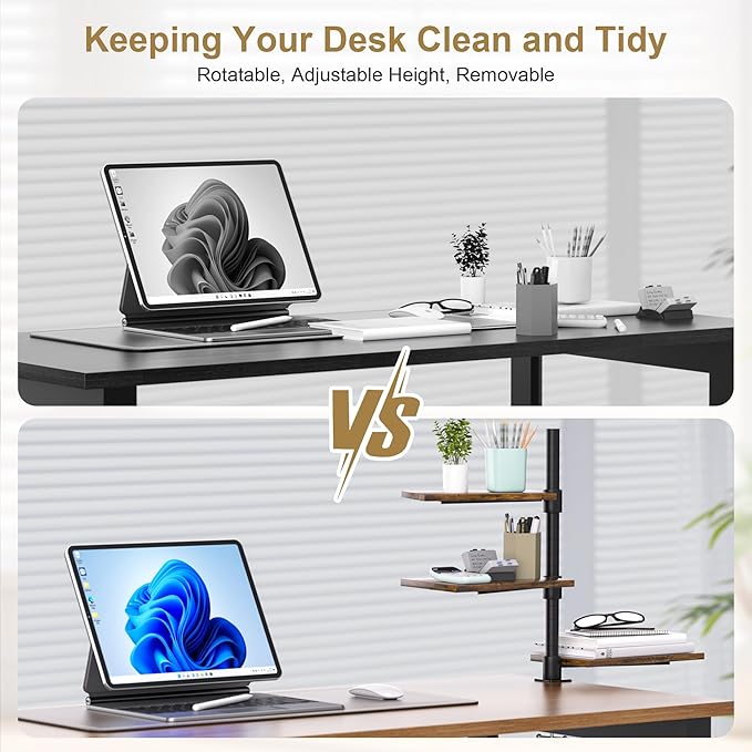 Clamp On Desk Shelf 3-Tier, Adjustable Height Wood Shelving Unit for Office Desk Gaming Accessories, 360° Rotatable Storage Tray, Desktop Book Organizer Storage Rack, Shelf for Top of Desk
